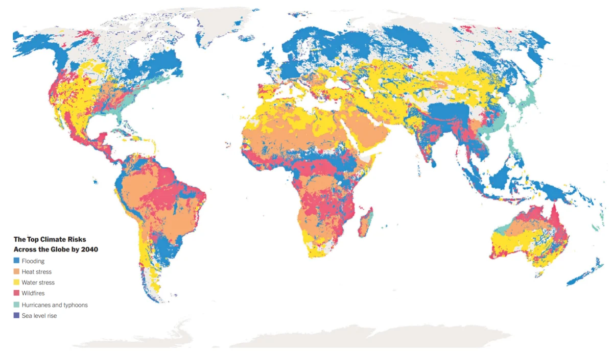 Climate risks across the globe by 2040. Credit: New York Times