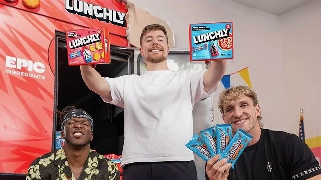 Youtubers Mr. Beast, Logan Paul, and KSI promoting their new line of lunch packs, Lunchly.