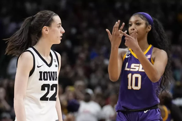 Angel Reese and Caitlin Clark during the NCAA Women's Final Four game